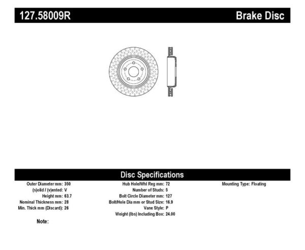 StopTech 12-15 Jeep Cherokee SRT8 Sport Slotted & Drilled Rear Passenger Side Rotor For Sale