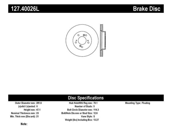 StopTech 97-01 Acura Integra Type R   97-01 Honda CR-V Slotted & Drilled Left Front Rotor Supply