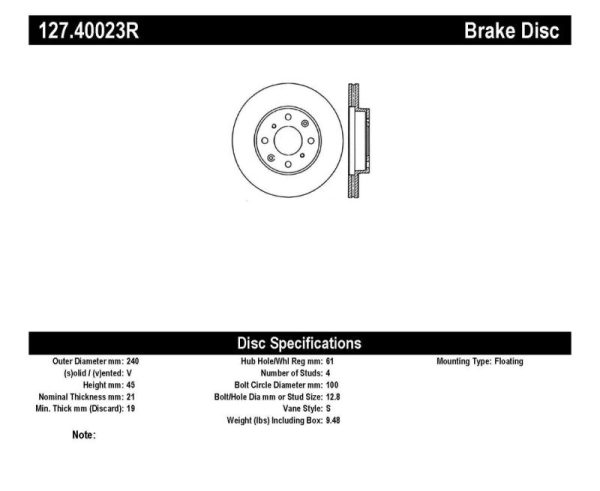 StopTech 96-00 Honda Civic DX HX Coupe 90-00 Civic DX LX Sedan Slotted & Drilled Right Front Rotor For Sale