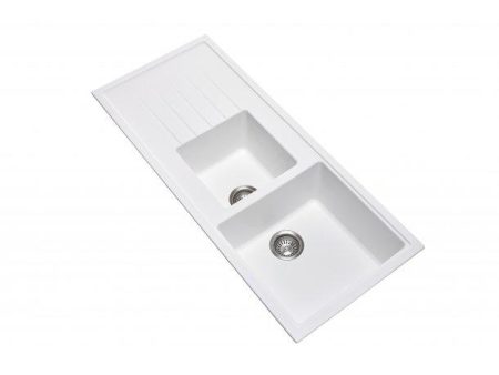 1160 x 500 x 205mm Carysil White 1 and A Half Bowl With Drainer Board Granite Kitchen Sink Top Flush Under Mount on Sale