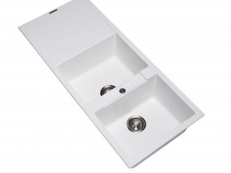 1160 x 500 x 210mm Carysil White Double Bowl Drainer Board Granite Kitchen Sink Top Flush Under Mount on Sale